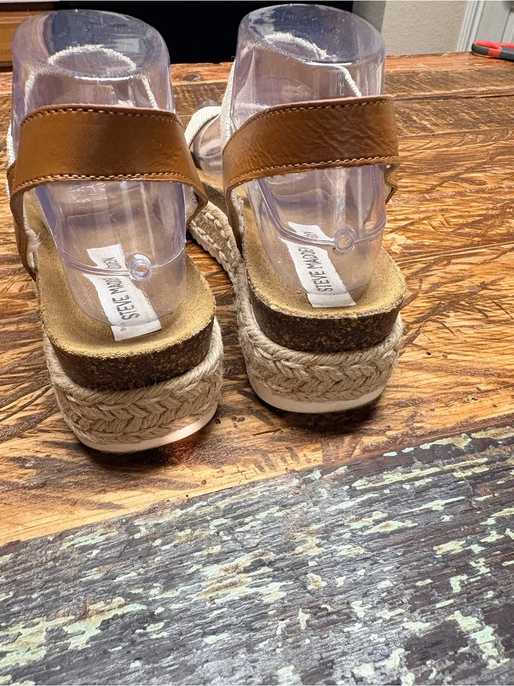 Steve Madden Jaklin Cream and Tan Stretch Espadrille Platform Sandals Size 8